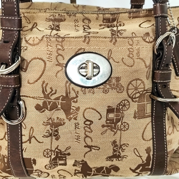Coach Horse and Carriage Stagecoach Signature Purse cream and brown canvas - Picture 2 of 14